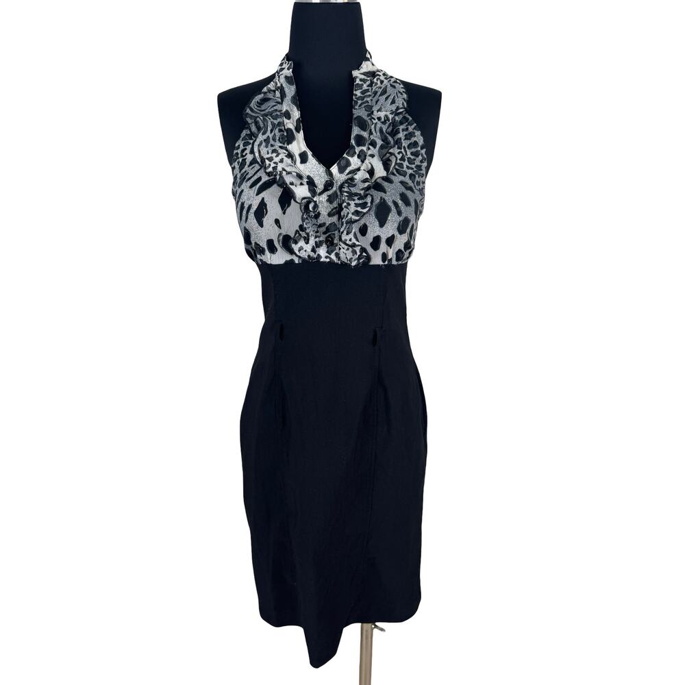 Y2K Rampage Leopard Ruffle Pencil Dress Size 5 Office Siren Animal Print Bodycon